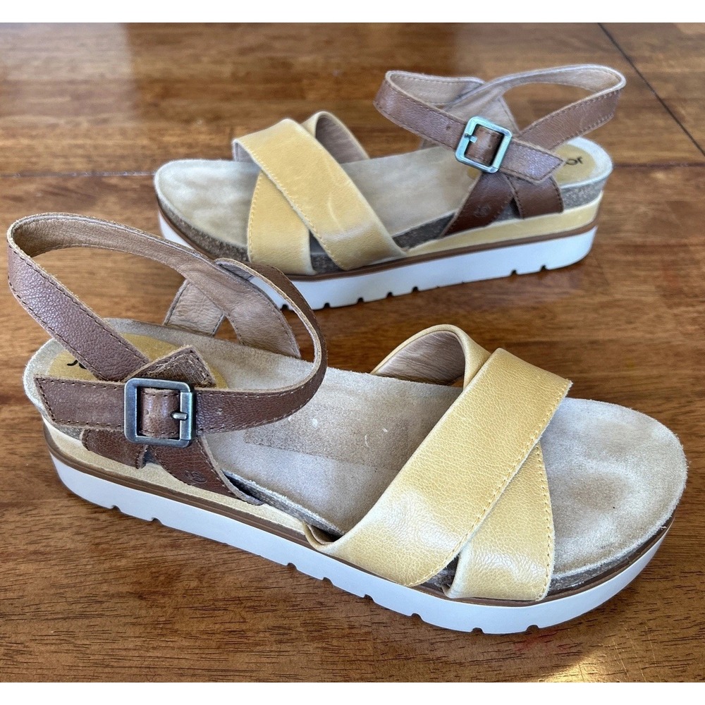 Josef Seibel Clea Platform Sandals Brown Yellow Ankle Strap Women Wedge 39 8-8.5